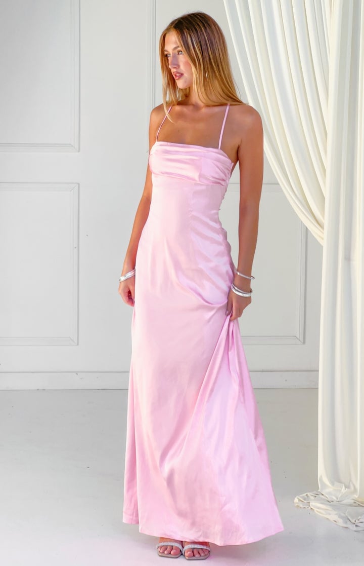 Pale Pink Satin Maxi Dress with Spaghetti Straps, Close-Up Take Pale Pink Satin Maxi Dress with Spaghetti Straps, Close-Up Take — Aesthetic Satin Dresses