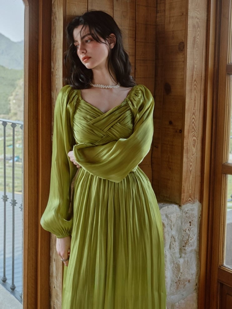 Green Satin Dress with Puff Sleeves, Office-Safe Version Green Satin Dress with Puff Sleeves, Office-Safe Version — Aesthetic Satin Dresses