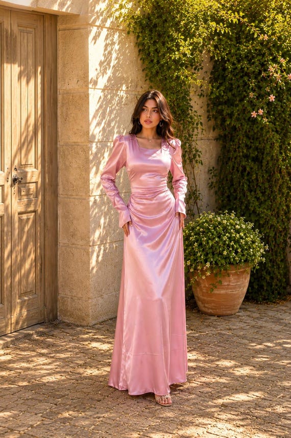 Blush Pink Satin Maxi Dress with Puff Sleeves, Office-Safe Version Blush Pink Satin Maxi Dress with Puff Sleeves, Office-Safe Version — Aesthetic Satin Dresses