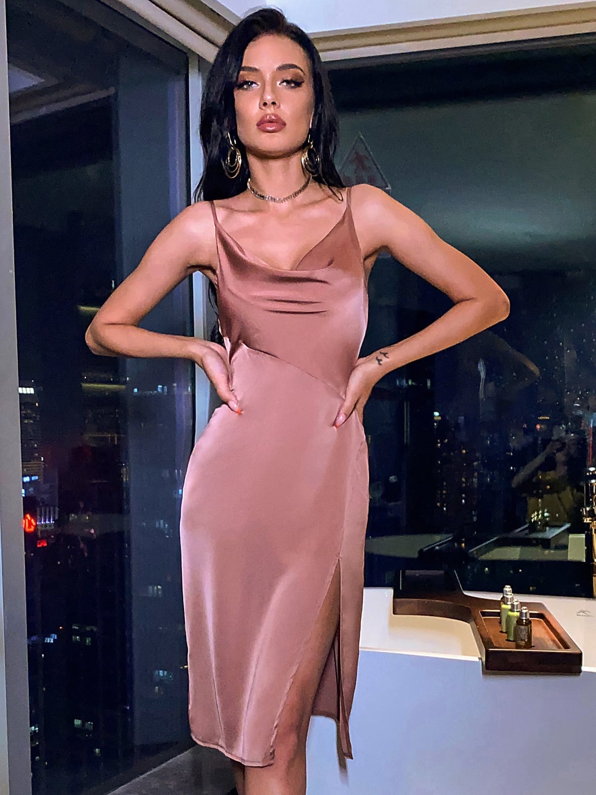 Rose Gold Satin Slip Dress with Cowl Neckline Rose Gold Satin Slip Dress with Cowl Neckline — Aesthetic Satin Dresses