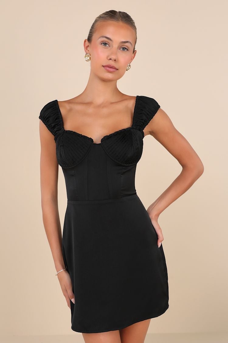 Black Satin Mini Dress with Sweetheart Neckline Black Satin Mini Dress with Sweetheart Neckline — Aesthetic Satin Dresses