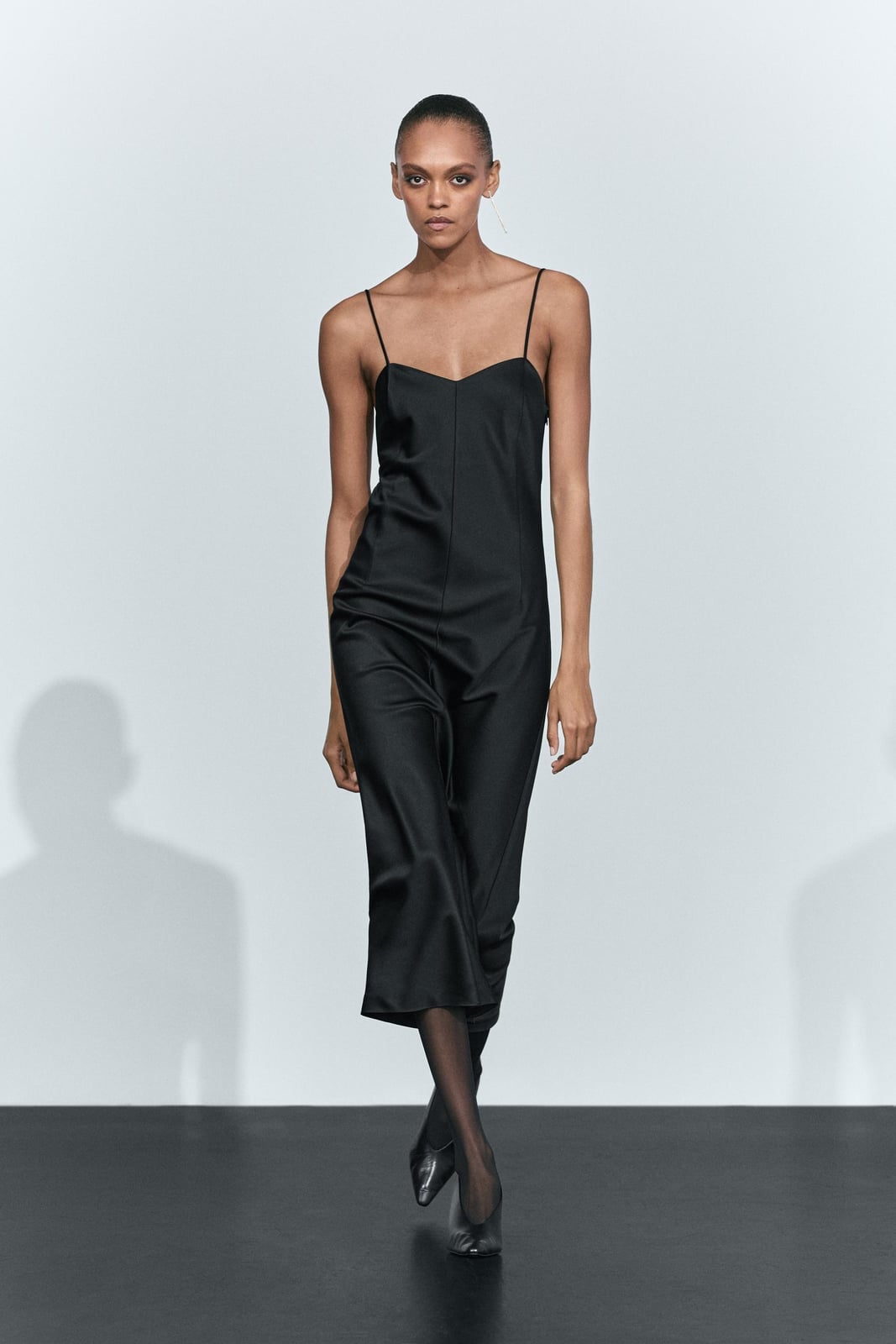 Black Satin Midi Dress with Thin Spaghetti Straps Black Satin Midi Dress with Thin Spaghetti Straps — Aesthetic Satin Dresses
