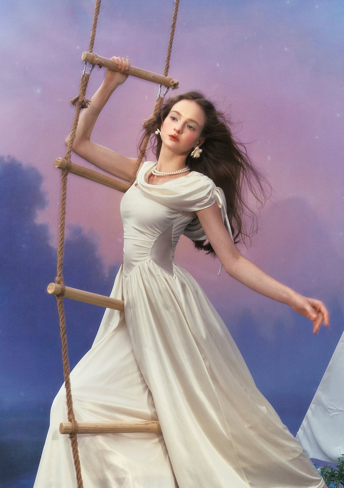 Ivory Satin Dress with Cowl Neckline and Puffed Sleeves Ivory Satin Dress with Cowl Neckline and Puffed Sleeves — Aesthetic Satin Dresses
