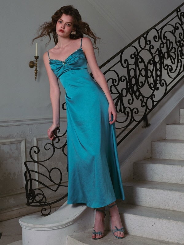 Teal Satin Midi Dress with Ruched Bust Teal Satin Midi Dress with Ruched Bust — Aesthetic Satin Dresses