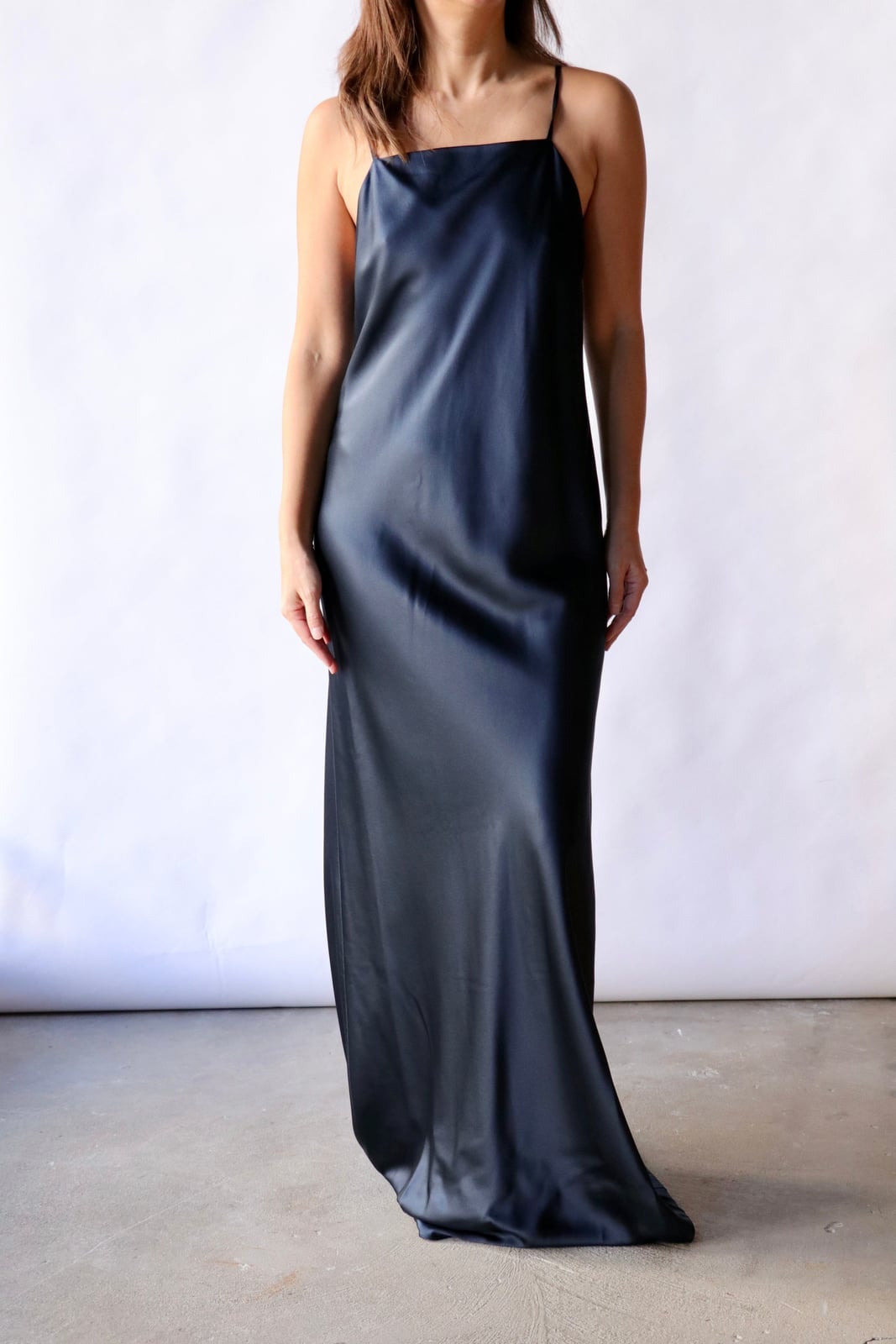 Dark Navy Spaghetti Strap Slip Dress Dark Navy Spaghetti Strap Slip Dress — Aesthetic Satin Dresses
