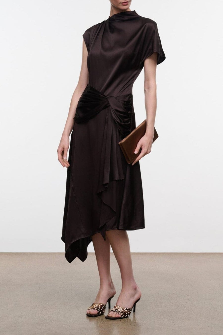 Dark Brown Satin Midi Dress with Draped Asymmetry, Office-Safe Version Dark Brown Satin Midi Dress with Draped Asymmetry, Office-Safe Version — Aesthetic Satin Dresses