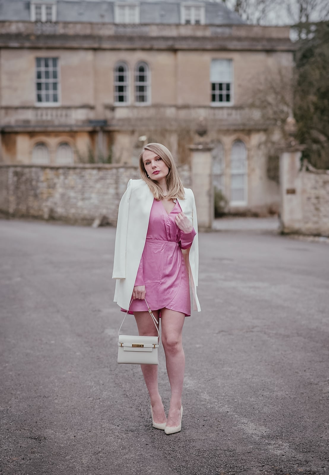 Pink Satin Wrap Mini Dress with Oversized Blazer, Close-Up Take Pink Satin Wrap Mini Dress with Oversized Blazer, Close-Up Take — Aesthetic Satin Dresses