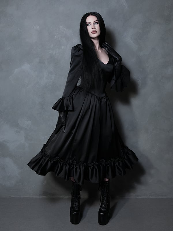 Black Satin Midi Dress with Ruffled Hem and Sleeves, Close-Up Take Black Satin Midi Dress with Ruffled Hem and Sleeves, Close-Up Take — Aesthetic Satin Dresses