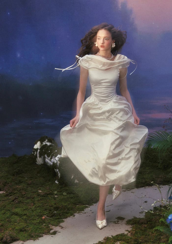 Ivory Satin Dress with Puffy Sleeves and Full Skirt Ivory Satin Dress with Puffy Sleeves and Full Skirt — Aesthetic Satin Dresses
