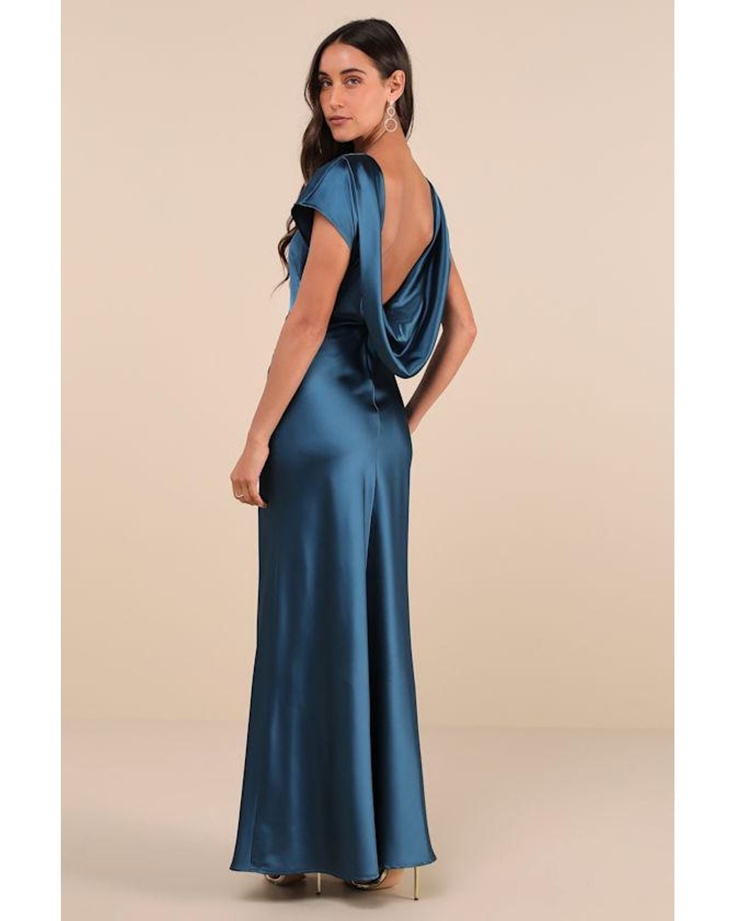 Dark Blue Satin Maxi Dress with Draped Cowl Back Dark Blue Satin Maxi Dress with Draped Cowl Back — Aesthetic Satin Dresses