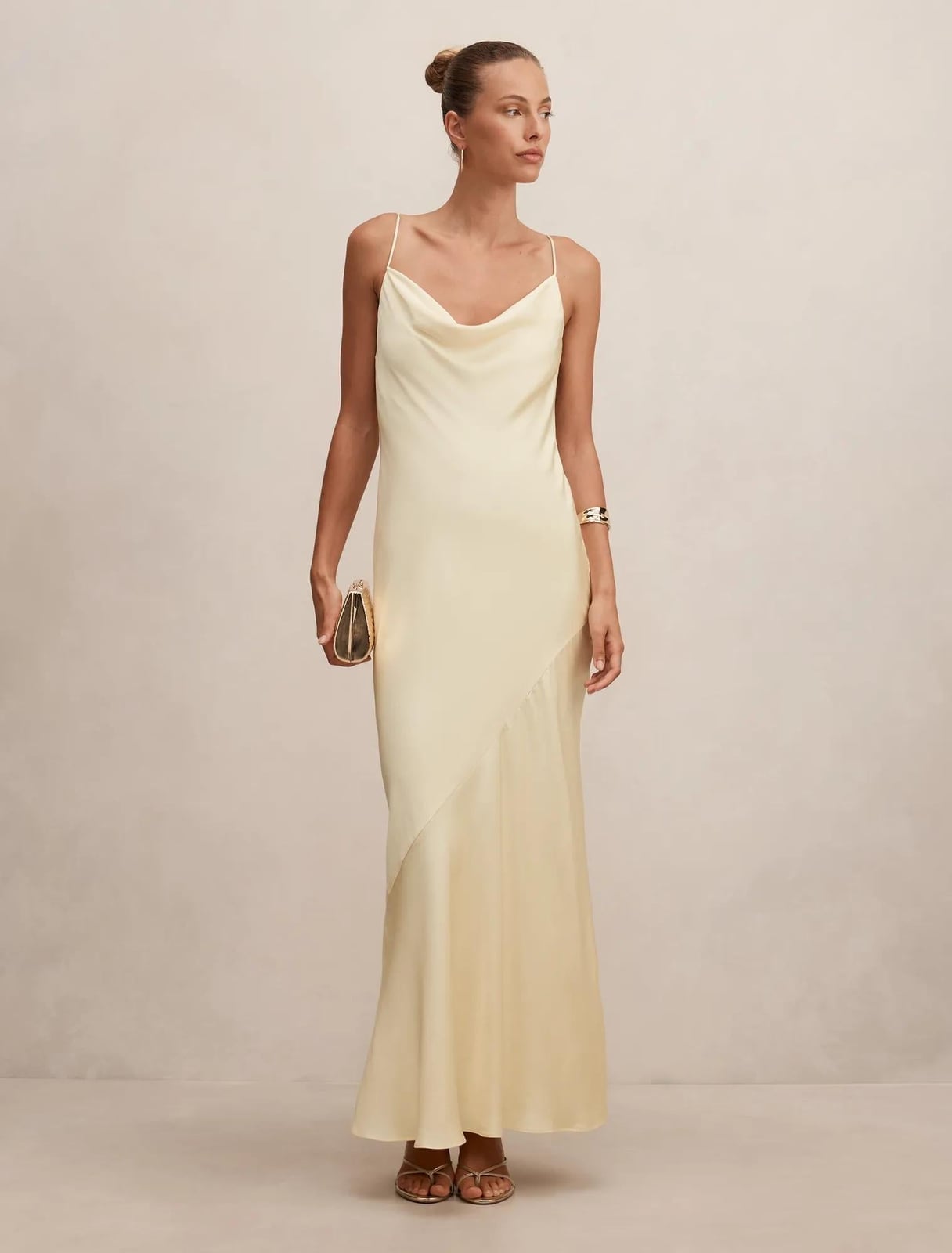 Pale Yellow Satin Slip Dress with Asymmetrical Hem Pale Yellow Satin Slip Dress with Asymmetrical Hem — Aesthetic Satin Dresses
