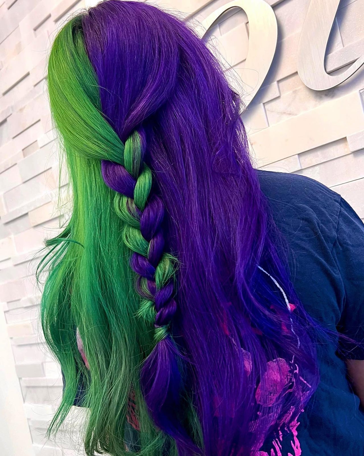 Mid-Back Braid Green And Purple Split Dye Mid-Back Braid Green And Purple Split Dye — Aesthetic Split Dye Hair