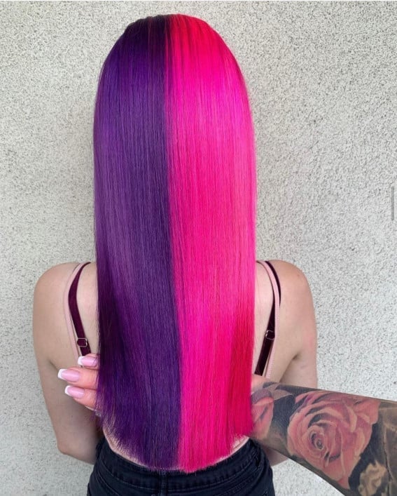 Mid-Back Wavy Pink And Pastel Purple Split Mid-Back Wavy Pink And Pastel Purple Split — Aesthetic Split Dye Hair
