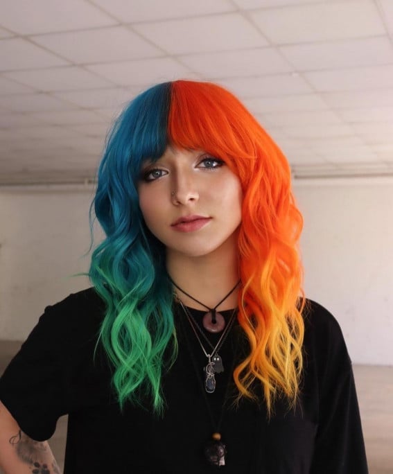 Shoulder Length Waves Teal Blue And Orange Split Shoulder Length Waves Teal Blue And Orange Split — Aesthetic Split Dye Hair