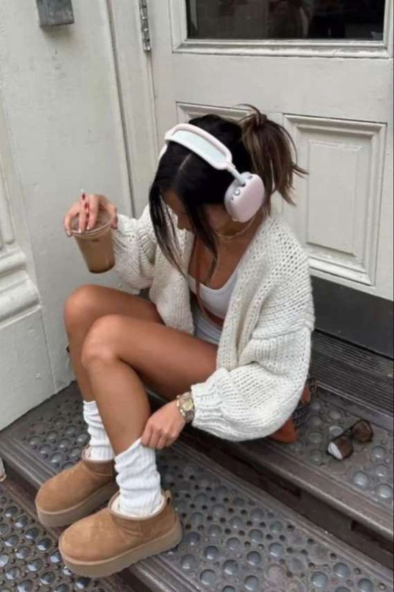 Knit Cardigan With Ugg Boots And Slouch Socks Knit Cardigan With Ugg Boots And Slouch Socks — Aesthetic Ugg Tasman Outfit
