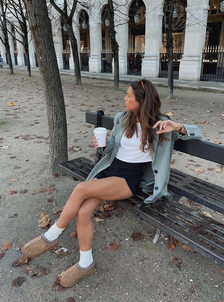 Sage Green Blazer With Ugg Clogs And Shorts Sage Green Blazer With Ugg Clogs And Shorts — Aesthetic Ugg Tasman Outfit