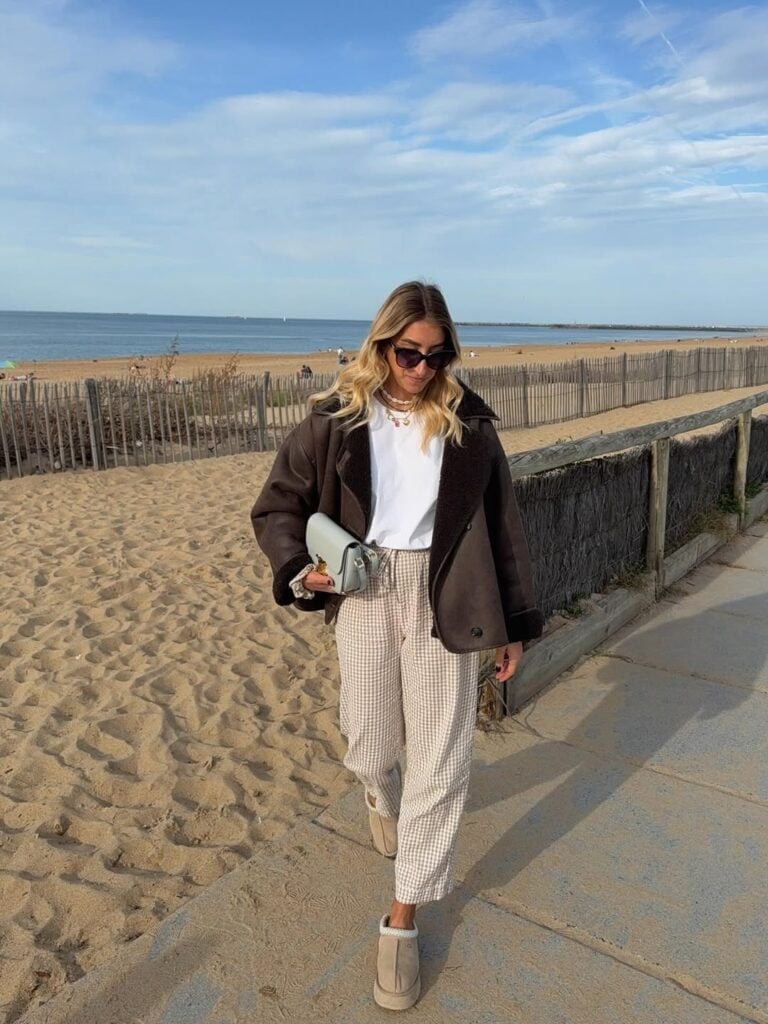 Suede Jacket With Gingham Pants And Ugg Slippers Suede Jacket With Gingham Pants And Ugg Slippers — Aesthetic Ugg Tasman Outfit
