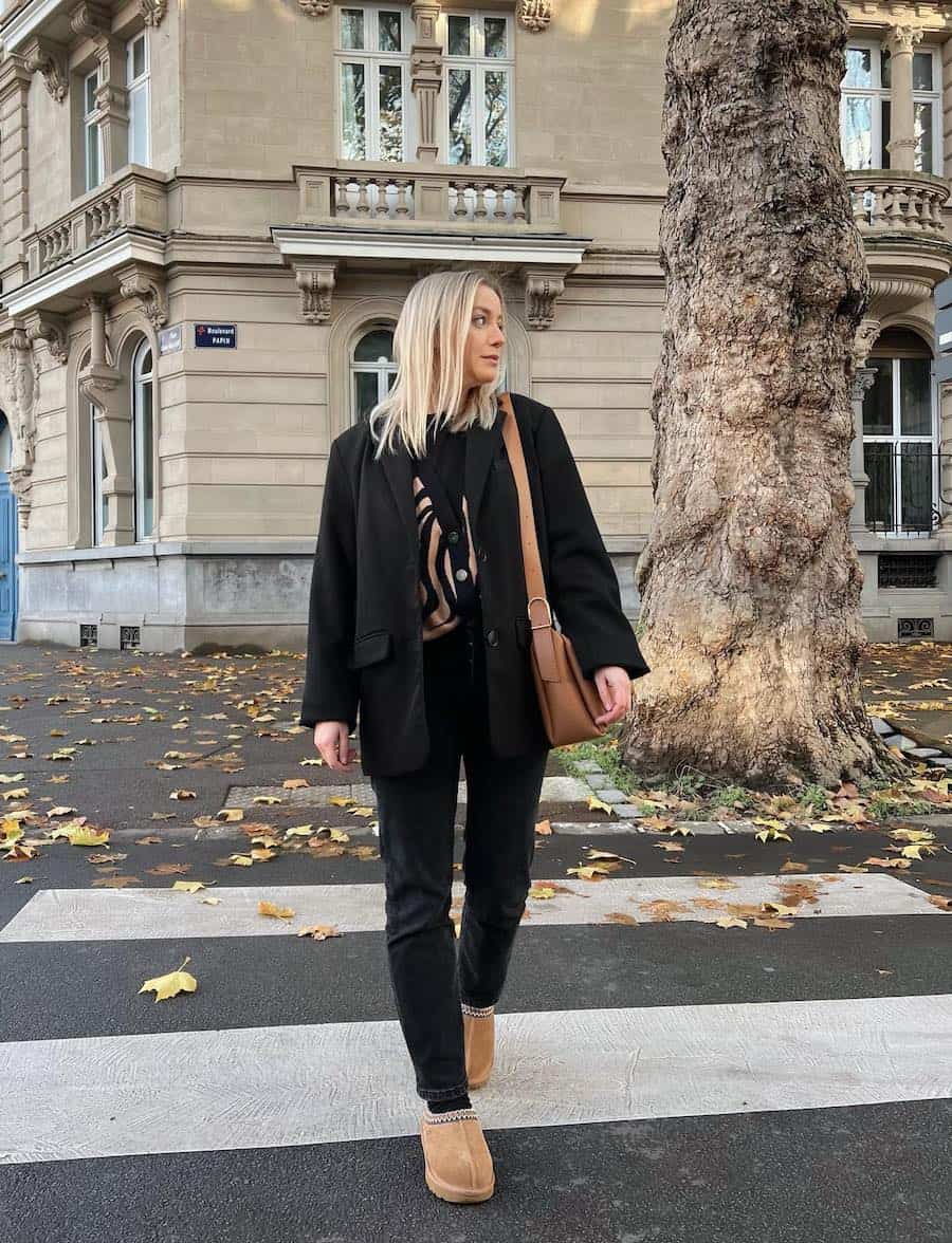 Black Blazer With Ugg Slippers And Slim Jeans Black Blazer With Ugg Slippers And Slim Jeans — Aesthetic Ugg Tasman Outfit
