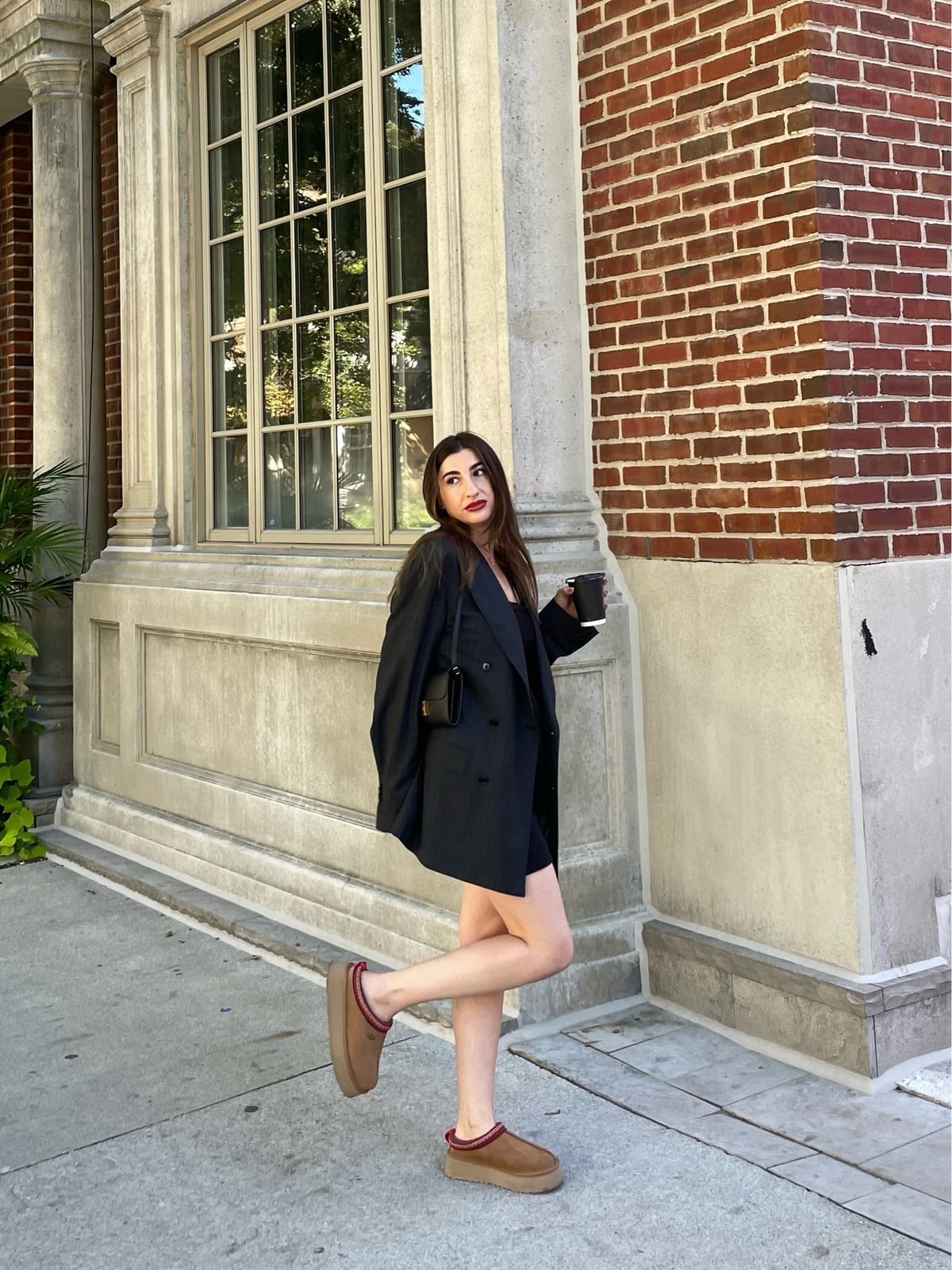 Pinstripe Blazer With Ugg Tasman Clogs And Mini Dress Pinstripe Blazer With Ugg Tasman Clogs And Mini Dress — Aesthetic Ugg Tasman Outfit