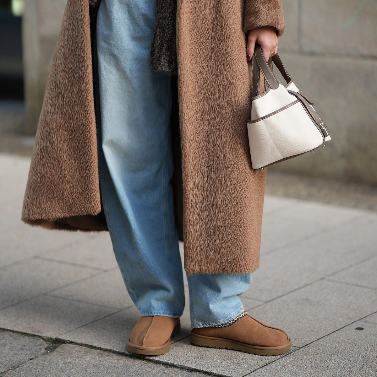 Textured Coat With Ugg Tasman Slippers And Wide Jeans Textured Coat With Ugg Tasman Slippers And Wide Jeans — Aesthetic Ugg Tasman Outfit