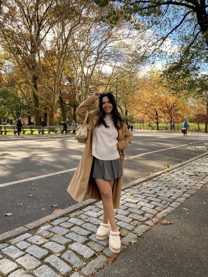 Camel Coat With Ugg Clogs And Mini Skirt Camel Coat With Ugg Clogs And Mini Skirt — Aesthetic Ugg Tasman Outfit