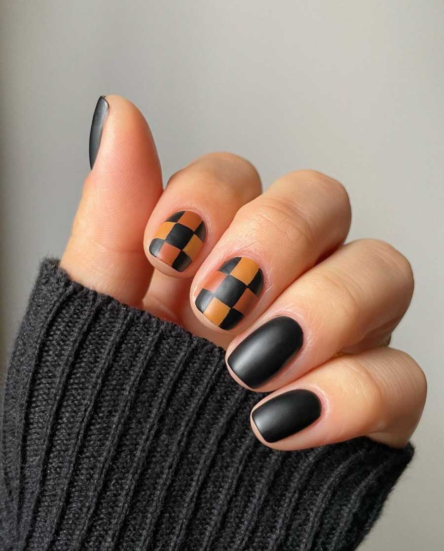 Matte Black Tan Checkerboard Nails Matte Black Tan Checkerboard Nails — Aesthetic University Nails