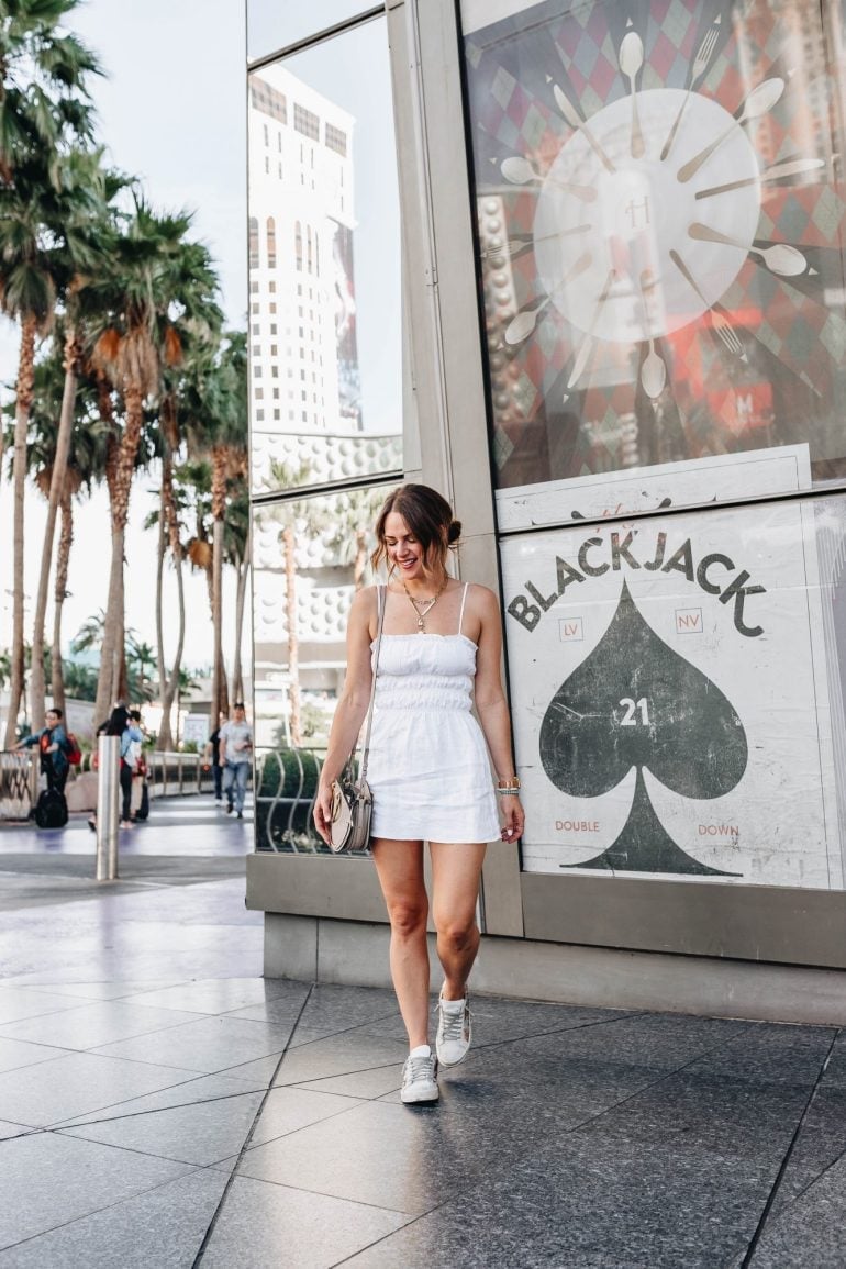 White Spaghetti Strap Mini Dress With Sneakers White Spaghetti Strap Mini Dress With Sneakers — Aesthetic Vegas Outfits