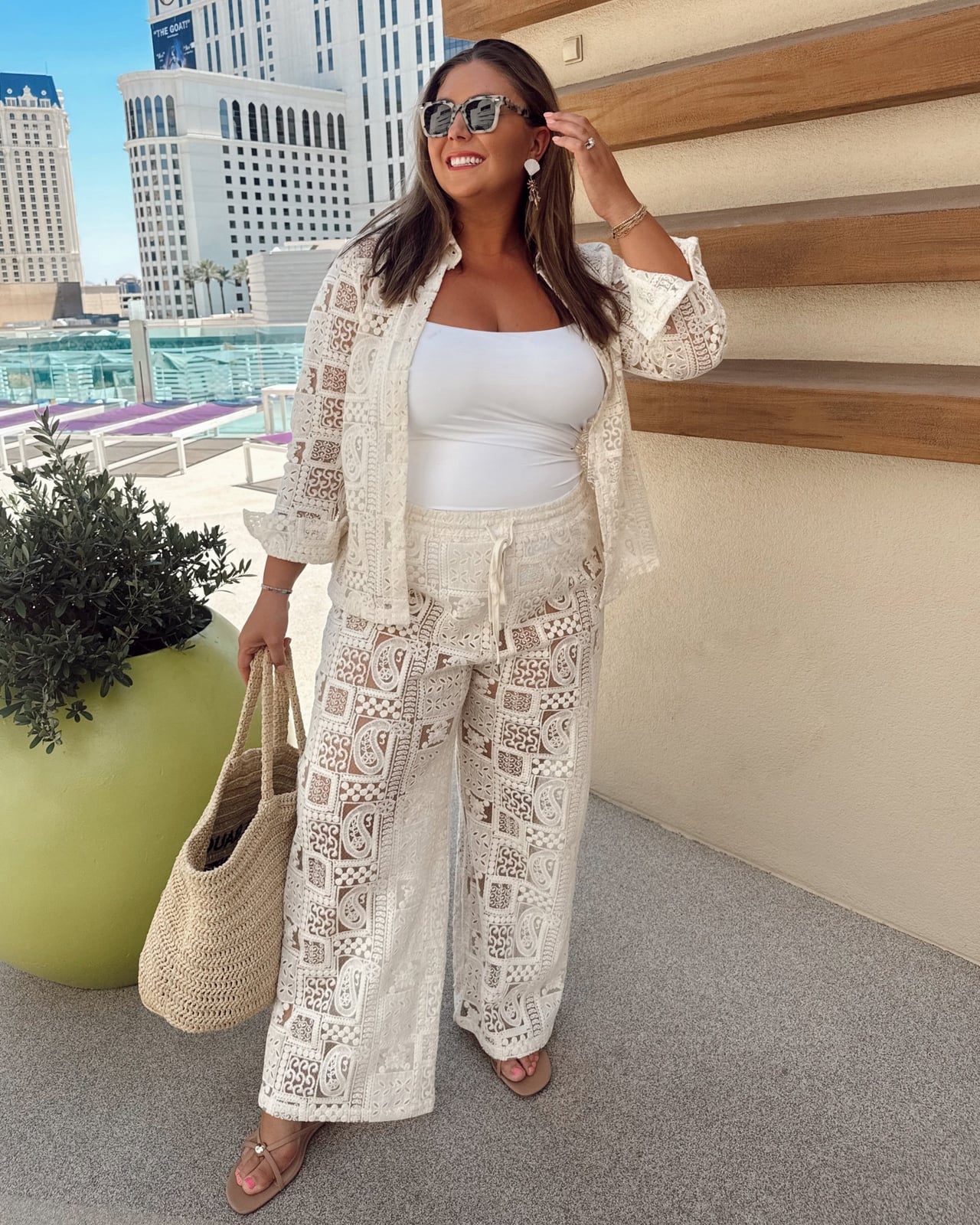 White Lace Matching Set With Wide Leg Trousers White Lace Matching Set With Wide Leg Trousers — Aesthetic Vegas Outfits