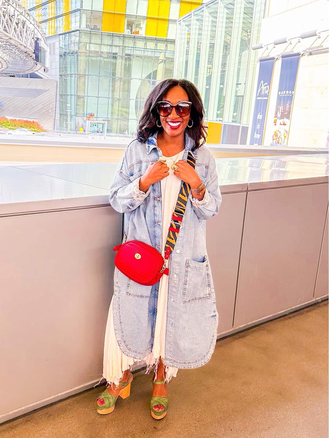 Longline Denim Jacket Over White Flowy Dress Longline Denim Jacket Over White Flowy Dress — Aesthetic Vegas Outfits