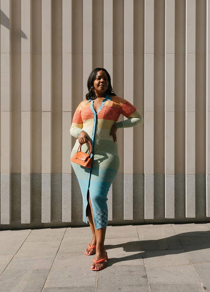Striped Knit Midi Dress With Orange Handbag Striped Knit Midi Dress With Orange Handbag — Aesthetic Vegas Outfits