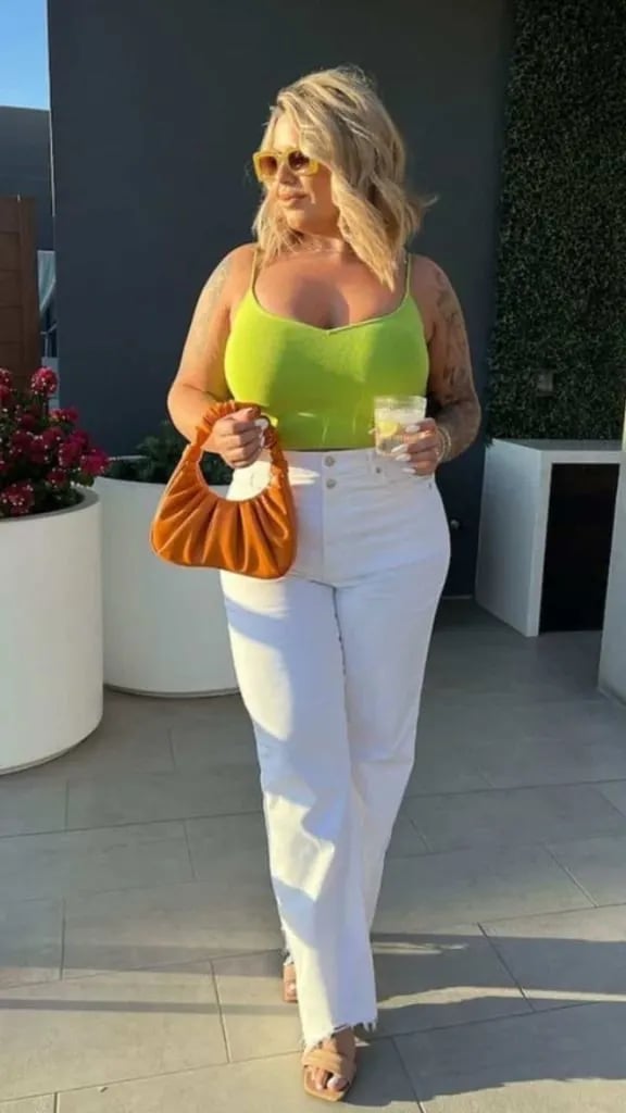 Bright Lime Green Knit Tank Top With White Wide Leg Jeans Bright Lime Green Knit Tank Top With White Wide Leg Jeans — Aesthetic Vegas Outfits