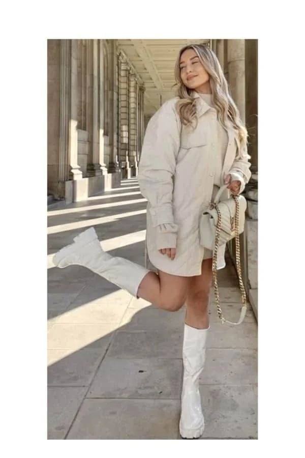 White Knee High Boots With Quilted Shirt Dress, Oversized — Aesthetic White Boots Outfit