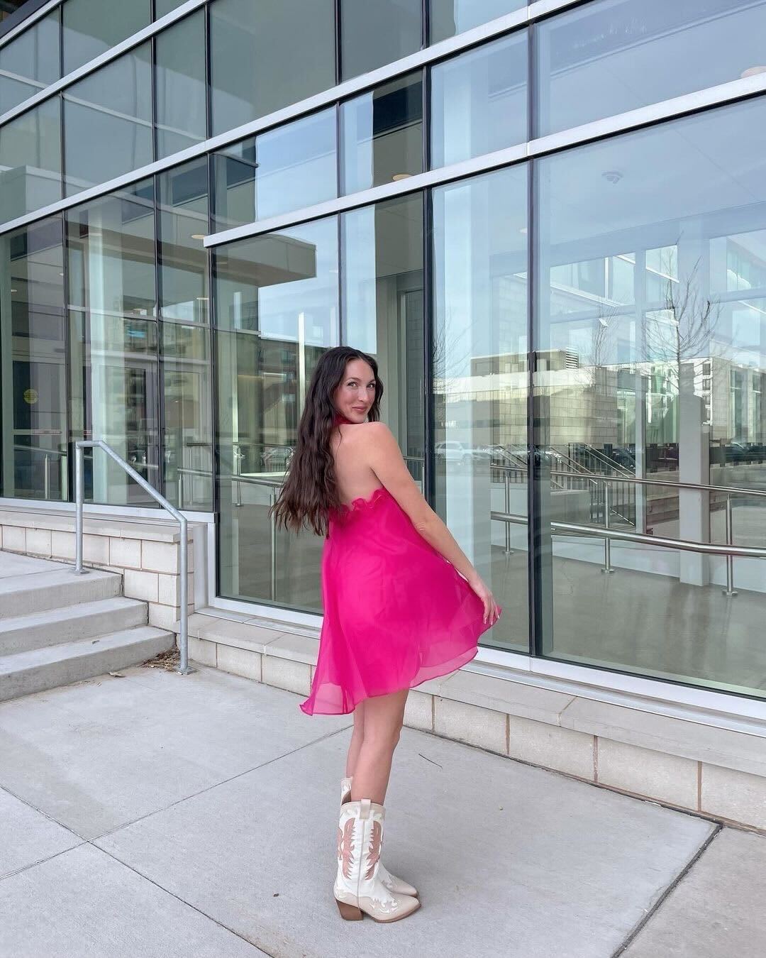 White Cowgirl Boots With Pink Ruffled Mini Dress — Aesthetic White Boots Outfit