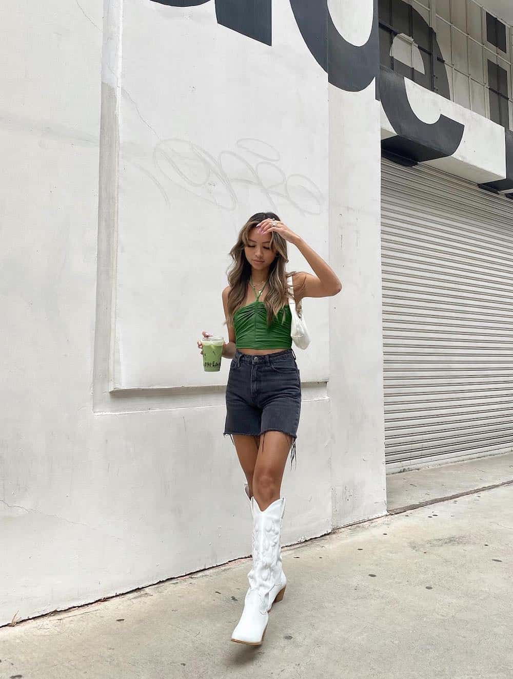 White Cowboy Boots With Halter Crop Top And Denim Shorts — Aesthetic White Boots Outfit