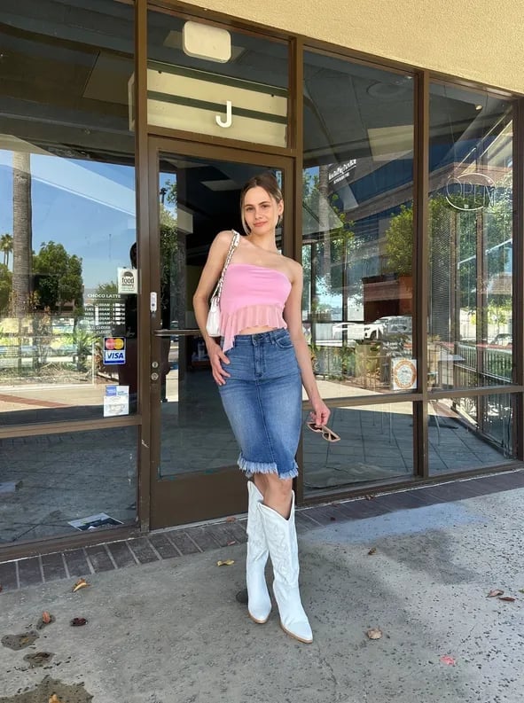 White Cowboy Boots With Off-Shoulder Top And Denim Skirt — Aesthetic White Boots Outfit