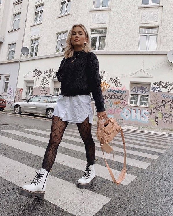 White Platform Boots With Sweater And Collared Shirt — Aesthetic White Boots Outfit