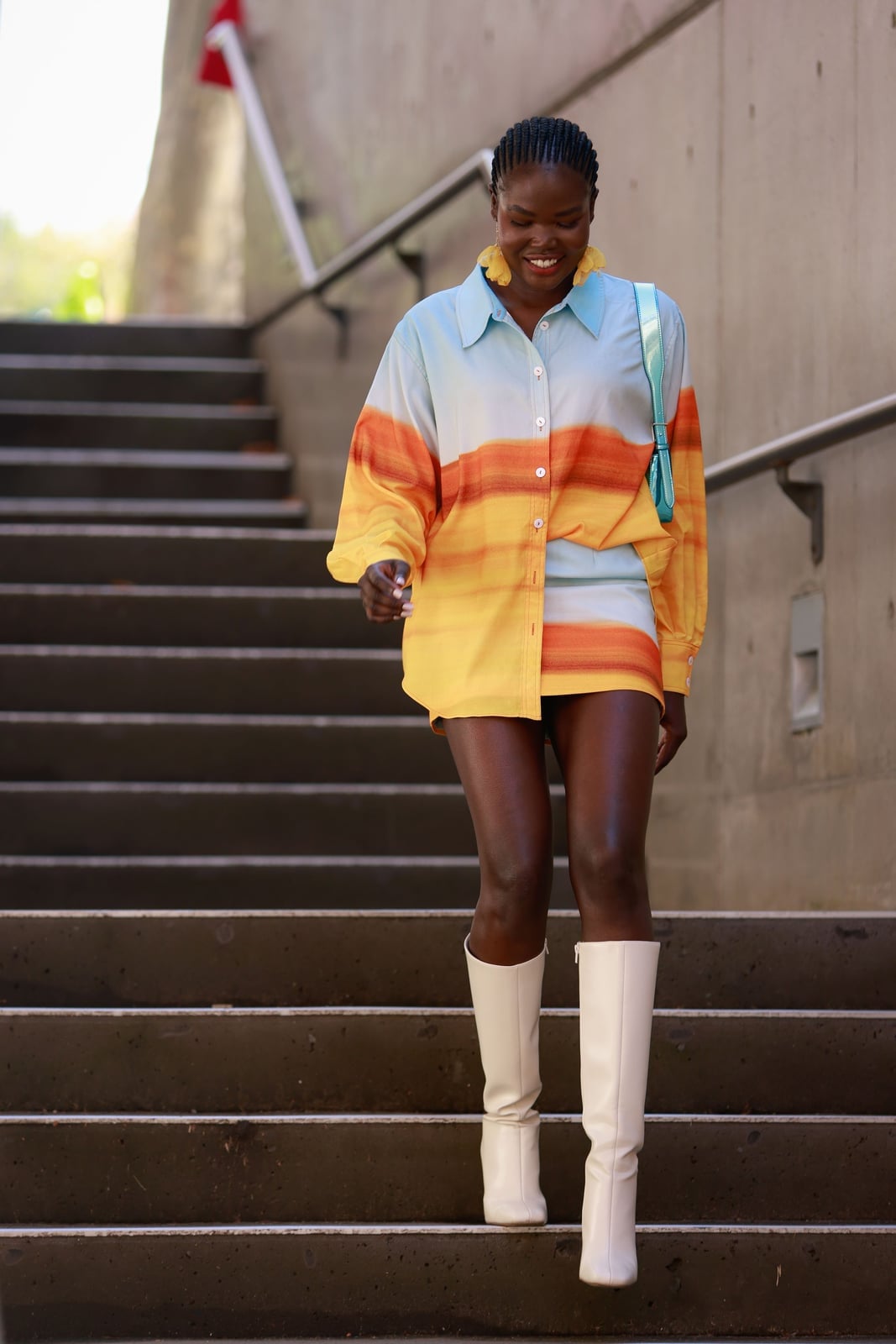 White Knee High Boots With Striped Shirt And Mini Skirt, Close-Up Take — Aesthetic White Boots Outfit