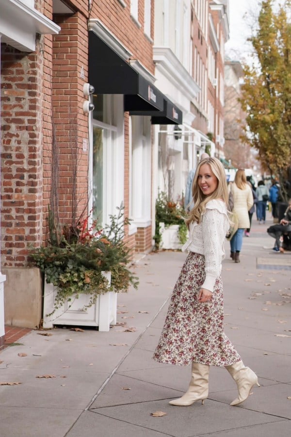 White Pointed Toe Boots With Floral Midi Skirt — Aesthetic White Boots Outfit