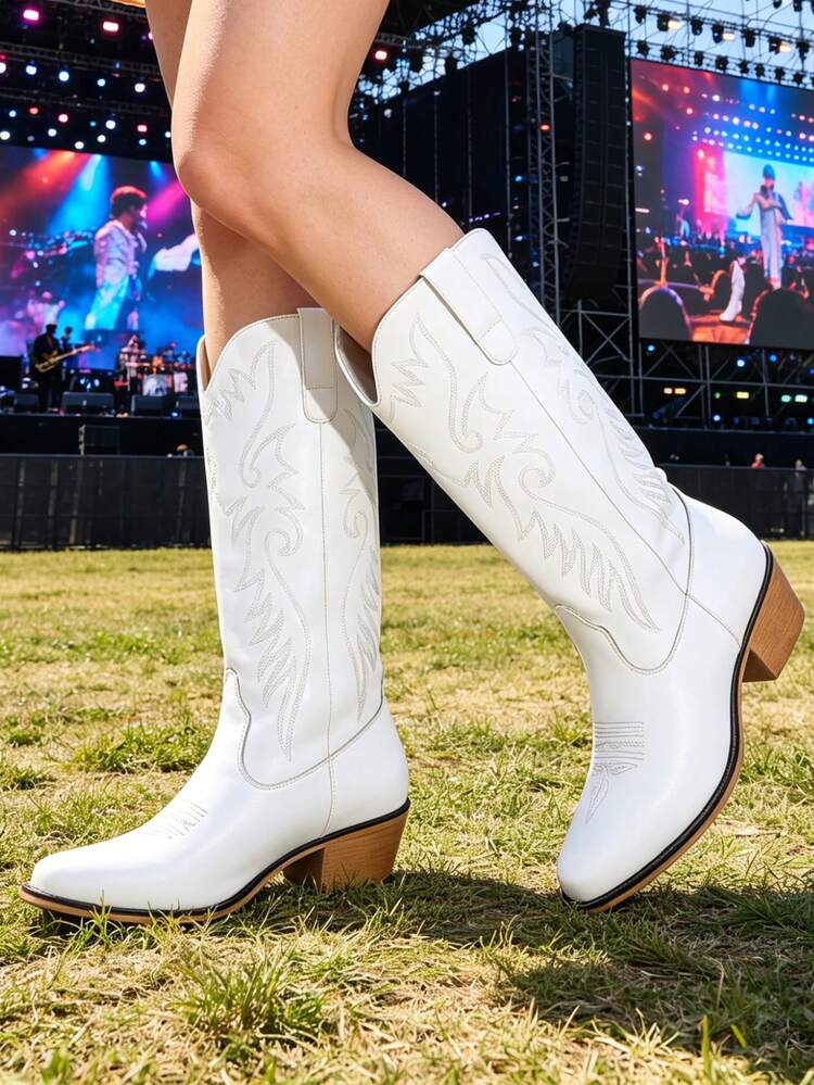 White Mid Calf Cowboy Boots Detail — Aesthetic White Boots Outfit