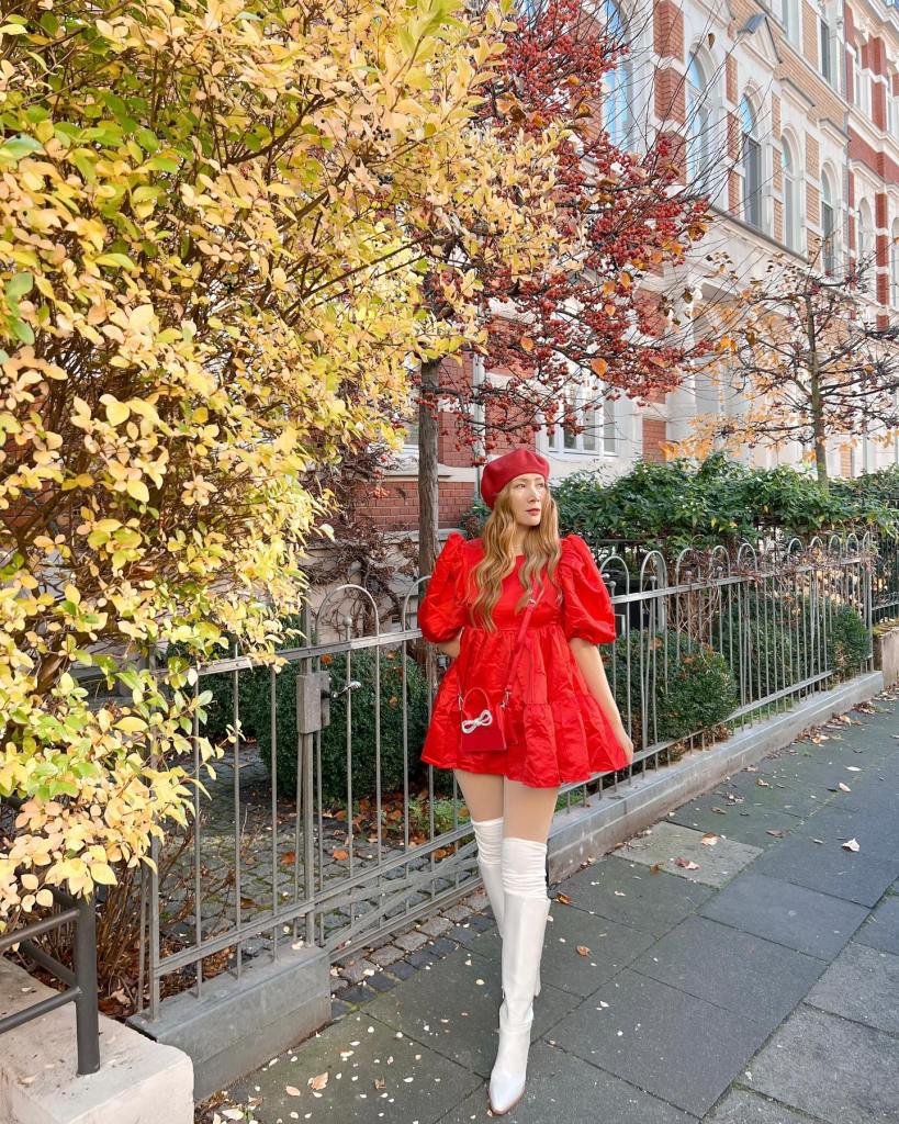 White Knee High Boots With Red Babydoll Dress — Aesthetic White Boots Outfit