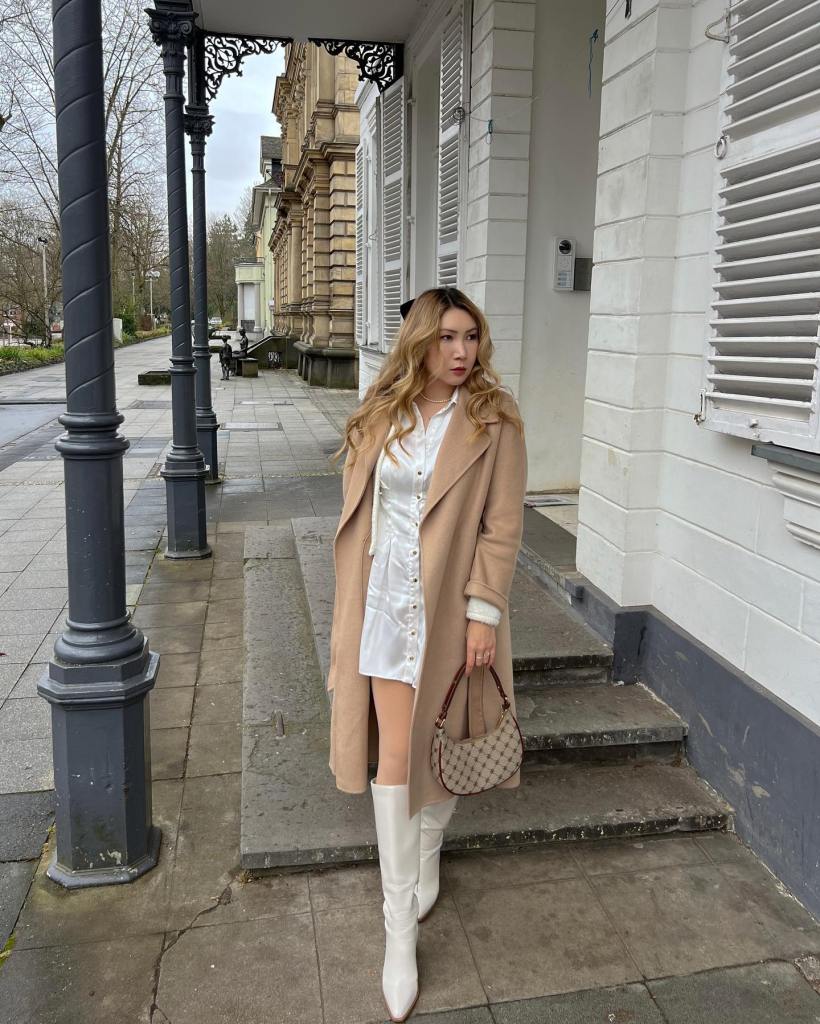 White Knee High Boots With Beige Coat And Shirt, Office-Safe Version — Aesthetic White Boots Outfit