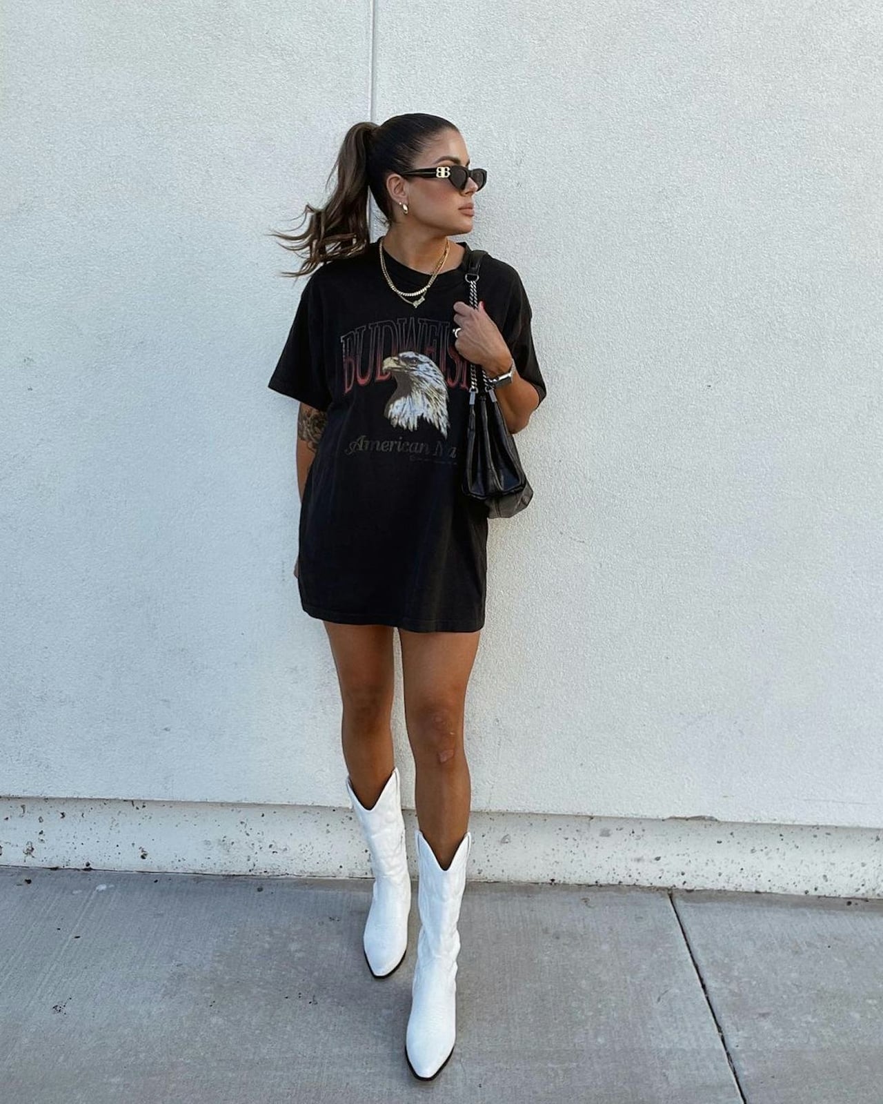White Cowboy Boots With Black T-Shirt Dress — Aesthetic White Boots Outfit