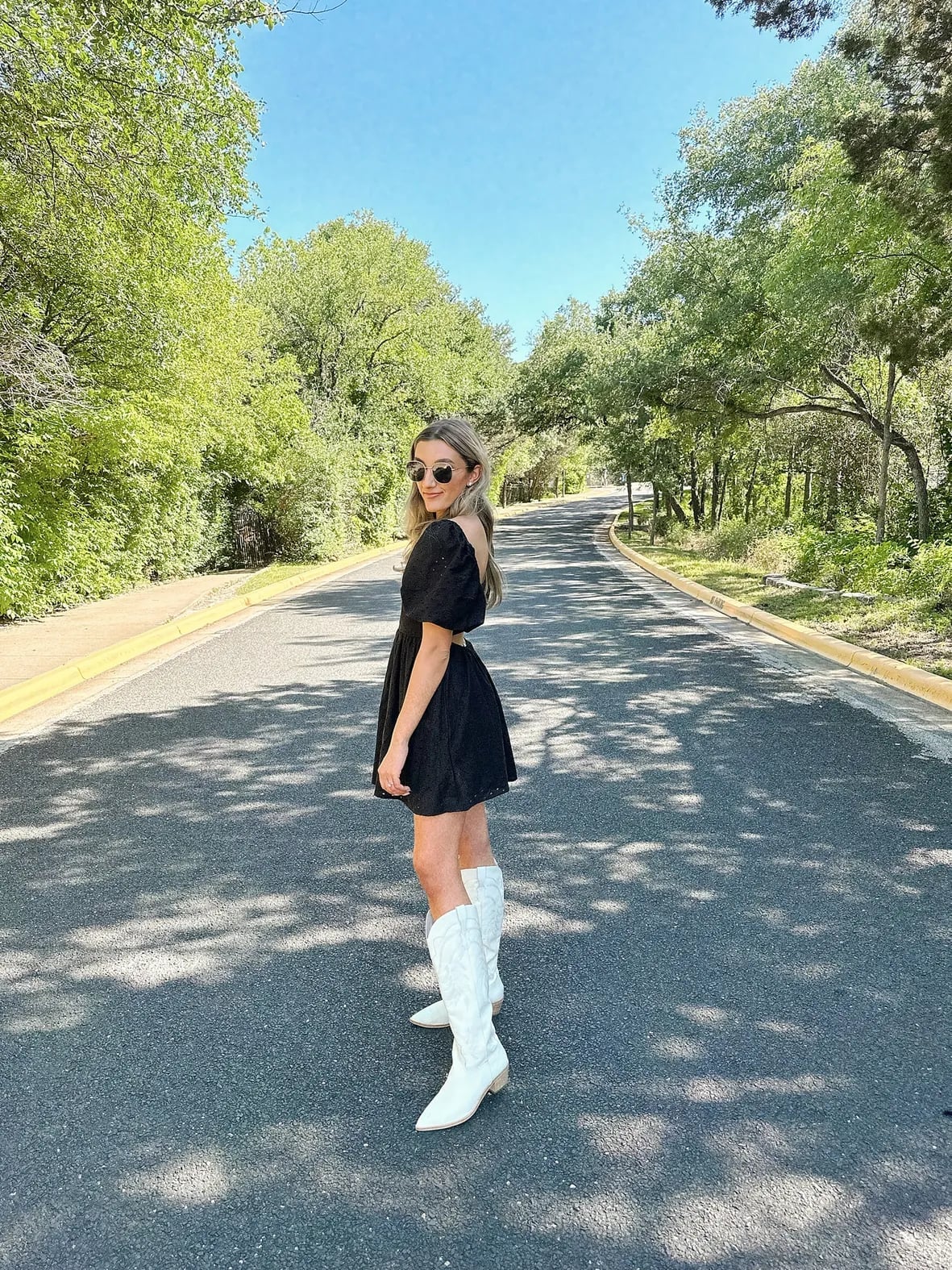 White Cowboy Boots With Black Puff-Sleeve Mini Dress — Aesthetic White Boots Outfit