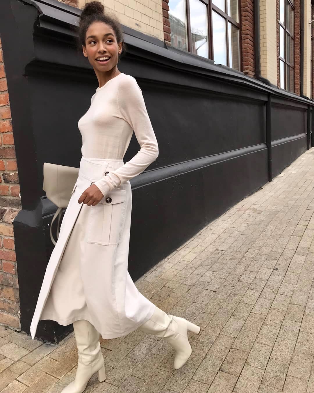 White Knee High Boots With Cream Wrap Skirt — Aesthetic White Boots Outfit