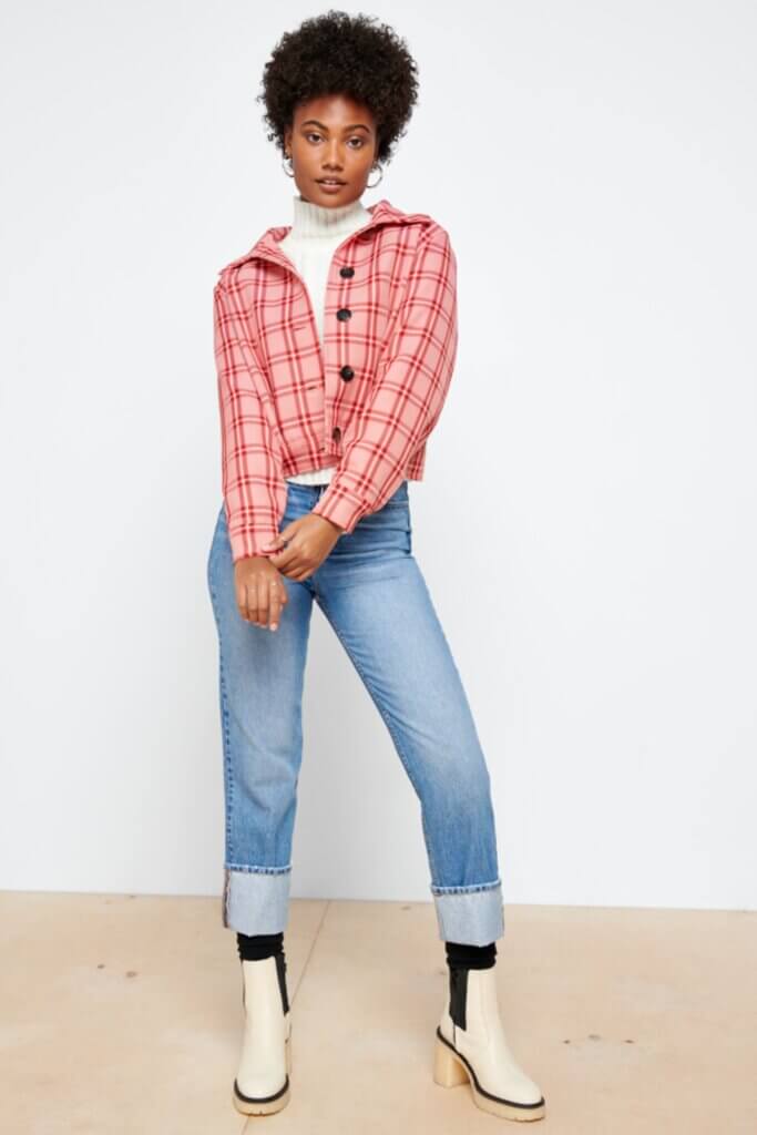 White Ankle Boots With Plaid Jacket And Jeans — Aesthetic White Boots Outfit