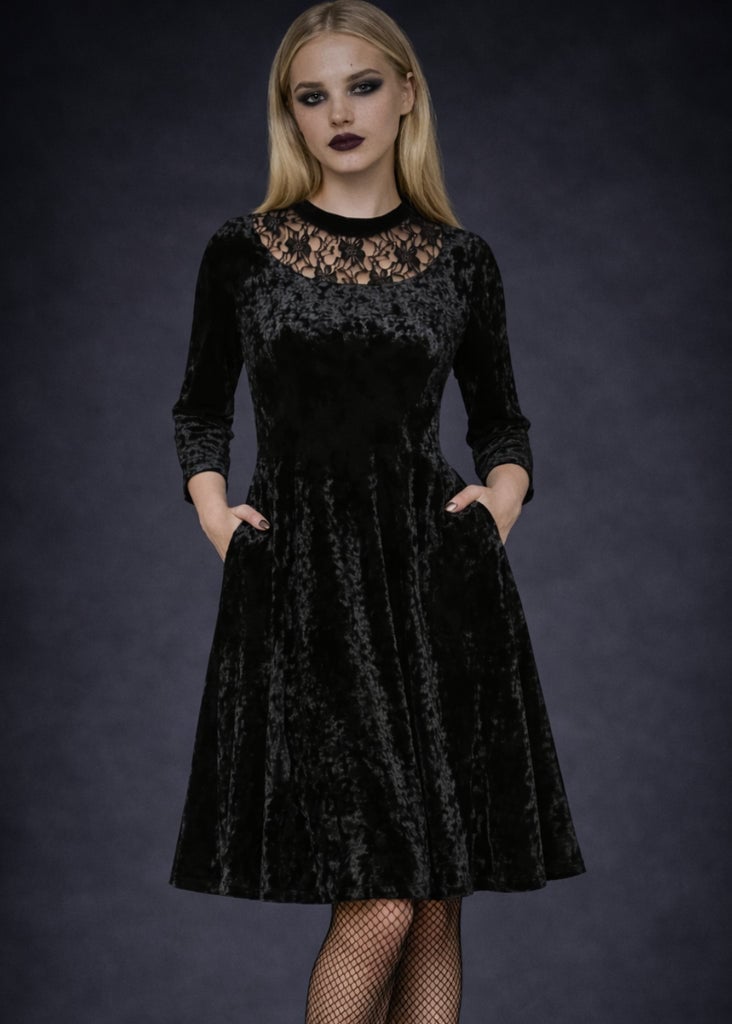 Velvet Dress with Lace Neckline and Fit and Flare Silhouette Velvet Dress with Lace Neckline and Fit and Flare Silhouette — Alt Style Inspiration