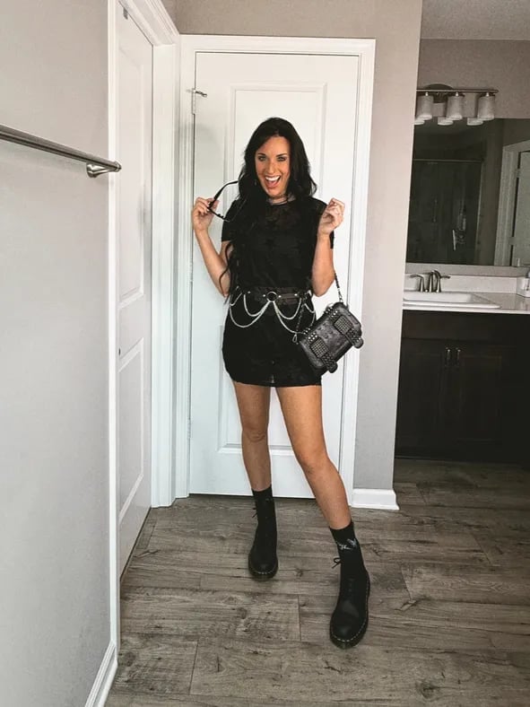 Black Velvet Dress with Chain Belt and Studded Bag Black Velvet Dress with Chain Belt and Studded Bag — Alt Style Inspiration
