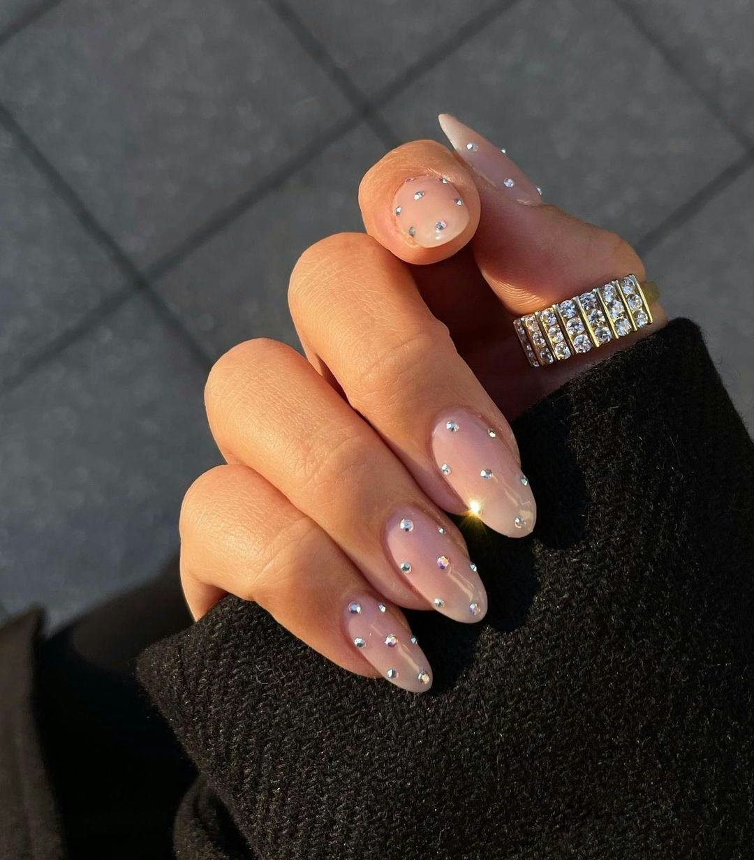 Short Almond Nude With Rhinestones Short Almond Nude With Rhinestones — Best Cute Almond Nails