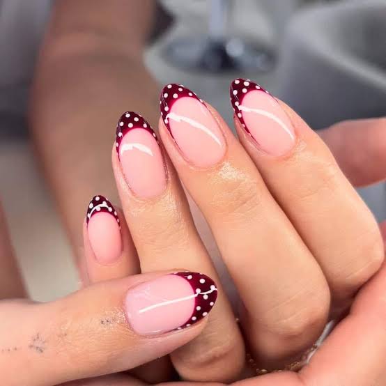 Medium Almond Pink French Polka Dot Tips Medium Almond Pink French Polka Dot Tips — Best Cute Almond Nails