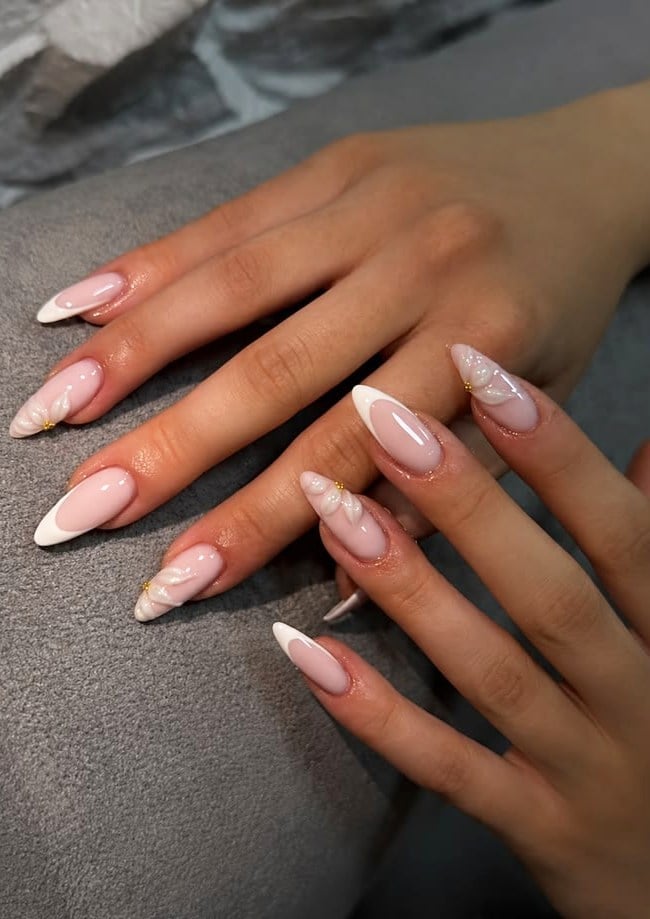 Medium Almond Nude French With 3D Flowers Medium Almond Nude French With 3D Flowers — Best Cute Almond Nails